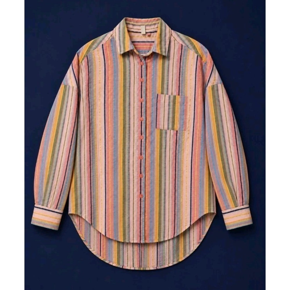 Pilcro XS Striped Button Up Shirt Metallic Thread Cotton Oversized Boho - Picture 13 of 13
